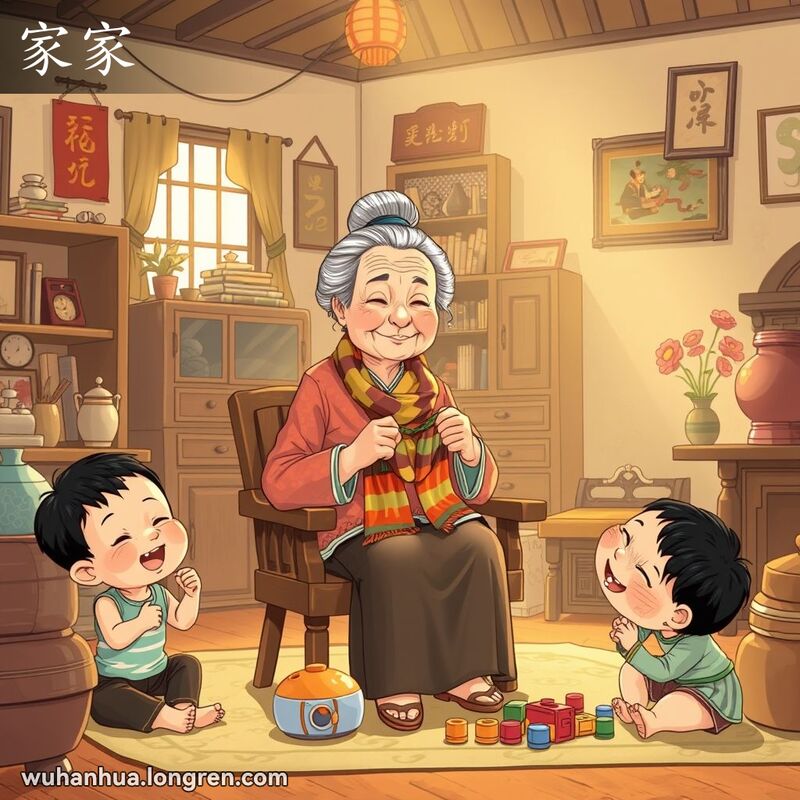 一位武汉外祖母在客厅里织毛衣，身旁是她的两个孙子孙女在玩耍，背景是传统的武汉家庭摆设