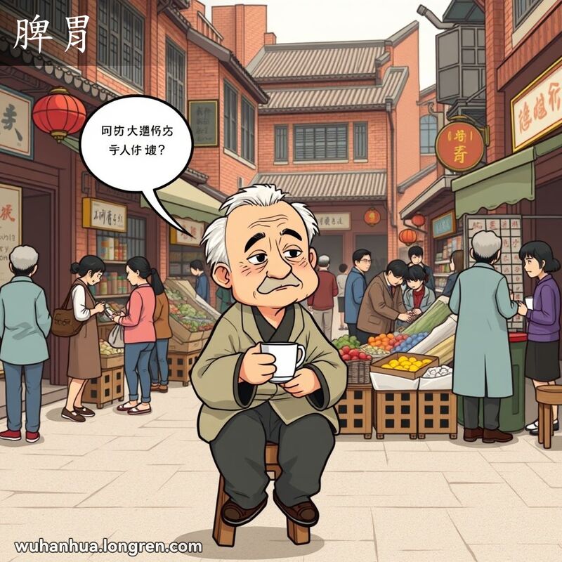 一位穿着传统服饰的长者坐在武汉老街的凳子上，手持茶杯，神情沉思，背景是忙碌的市场和老建筑