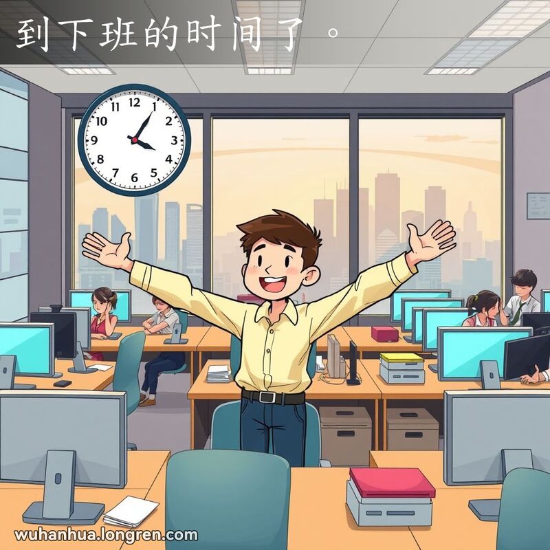 办公室员工在下午五点收拾东西准备下班，主角伸展双臂露出轻松的微笑，背景是城市景观和夕阳。