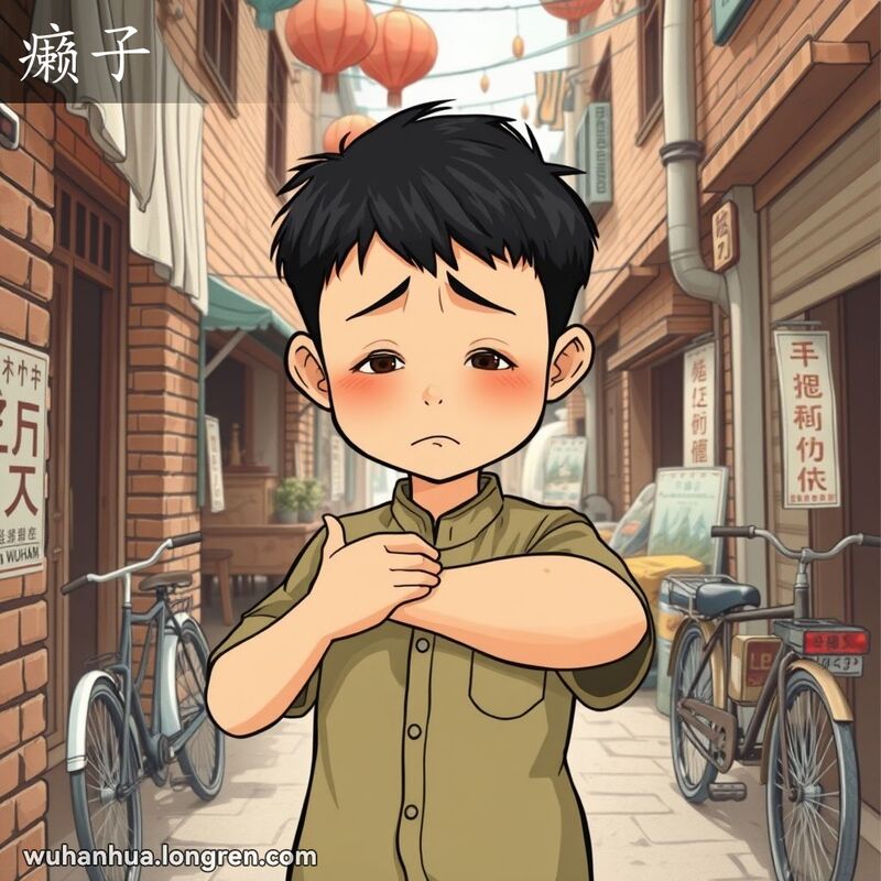 一位武汉小男孩在老街巷子里挠痒，手臂上有小红疙瘩，背景是武汉老街景