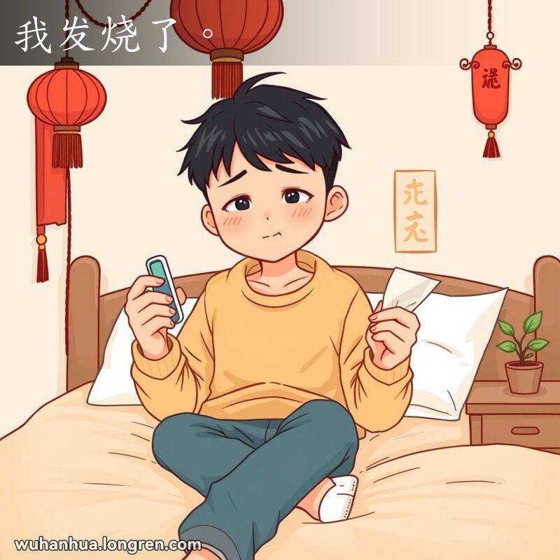 一位年轻的武汉市民坐在床上，手持体温计和纸巾，脸色泛红，显得有些不适，房间布置温馨，有传统的红灯笼和床头柜上的小盆栽