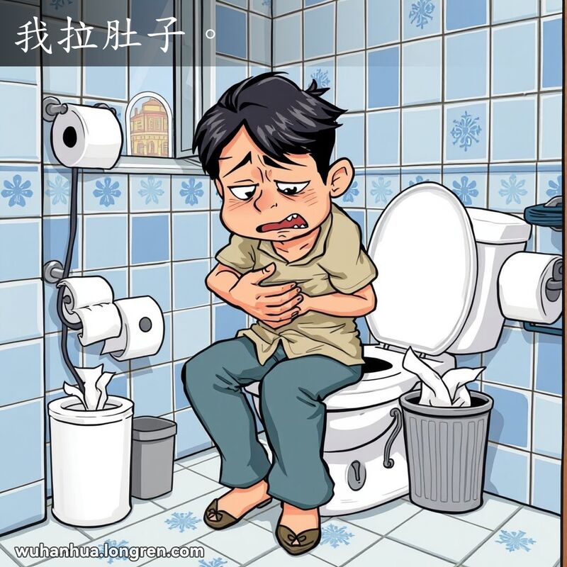 一个人坐在卫生间马桶上，捂着肚子，表情痛苦，背景是武汉街景
