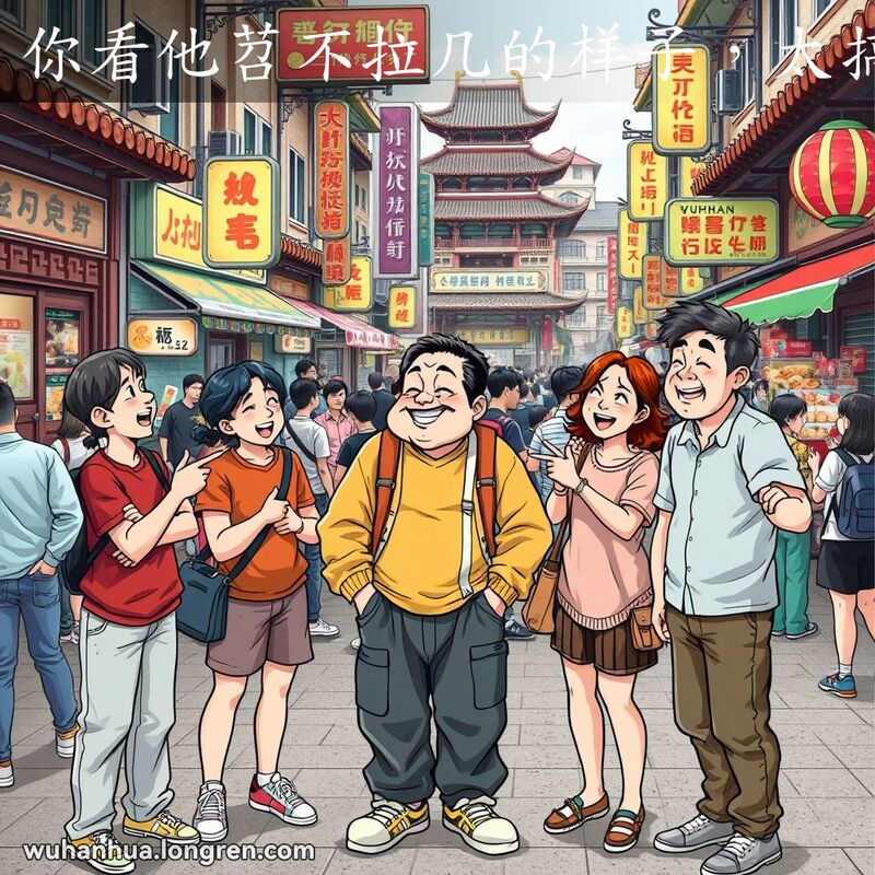 一群朋友在武汉街头指着一个穿着不搭配、显得笨拙可笑的男子，露出夸张的笑容和手势，背景是繁忙的武汉街景