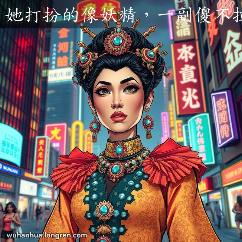 一位武汉女子穿着花哨服装，化着浓妆，站在繁忙的城市街道上，表情茫然困惑，体现“傻不拉几”的样子。
