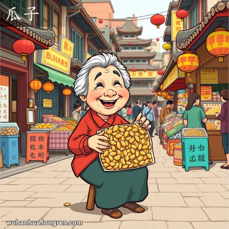 武汉街头市场，老奶奶坐在小板凳上卖炒熟的瓜子，背景是热闹的摊位和小吃。