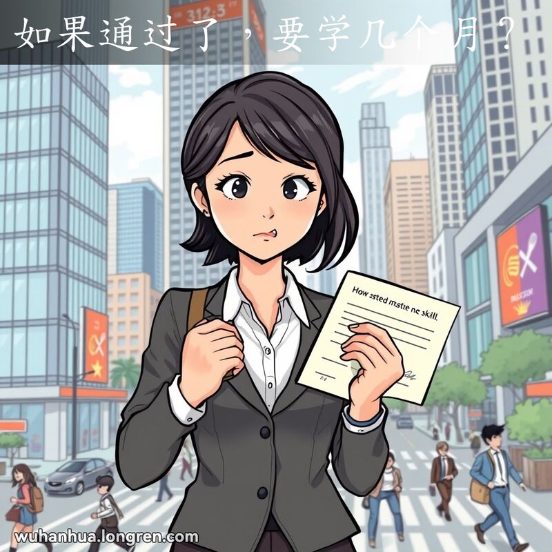 一位年轻女性站在办公楼前，手持证书，低头看表，露出好奇和略显焦虑的表情，背景是繁忙的城市景观