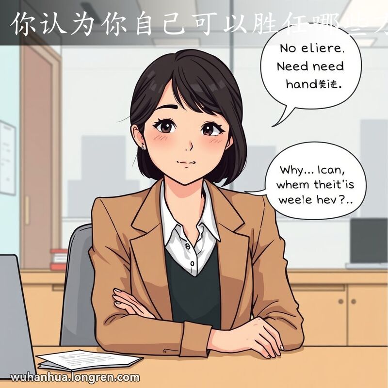 一位年轻的武汉女性在职业面试中，表情自信地回答问题，背景是现代办公环境。