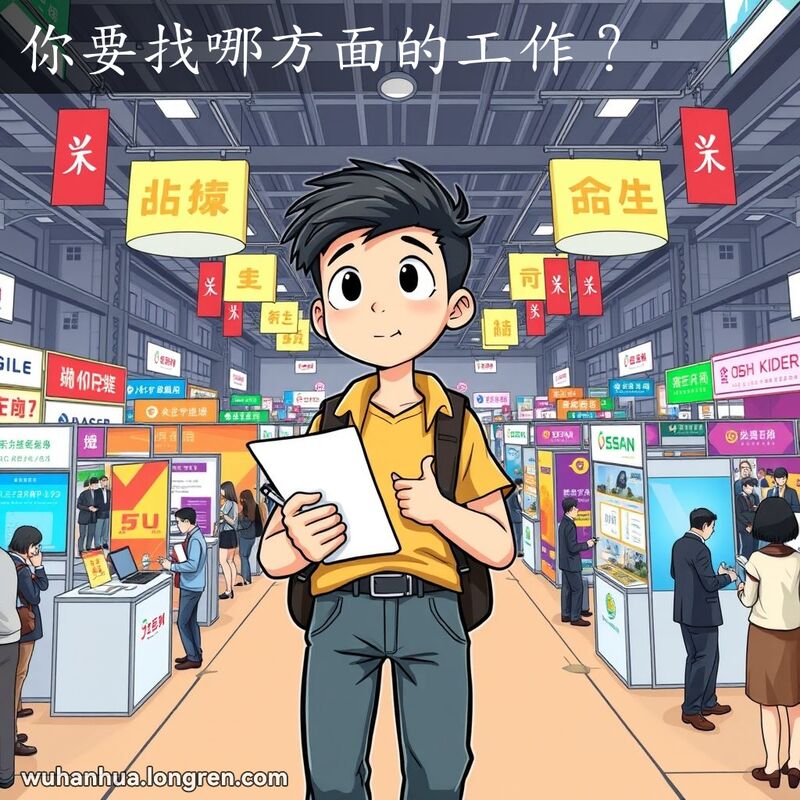一位年轻求职者在招聘会现场，手持简历，环顾各个行业展位，试图决定先去哪个展位。