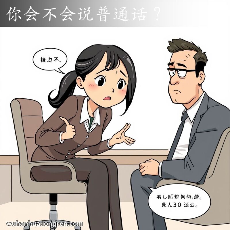 一位年轻的武汉女性在求职面试中，面对面试官的提问，她正在努力证明自己会说普通话。