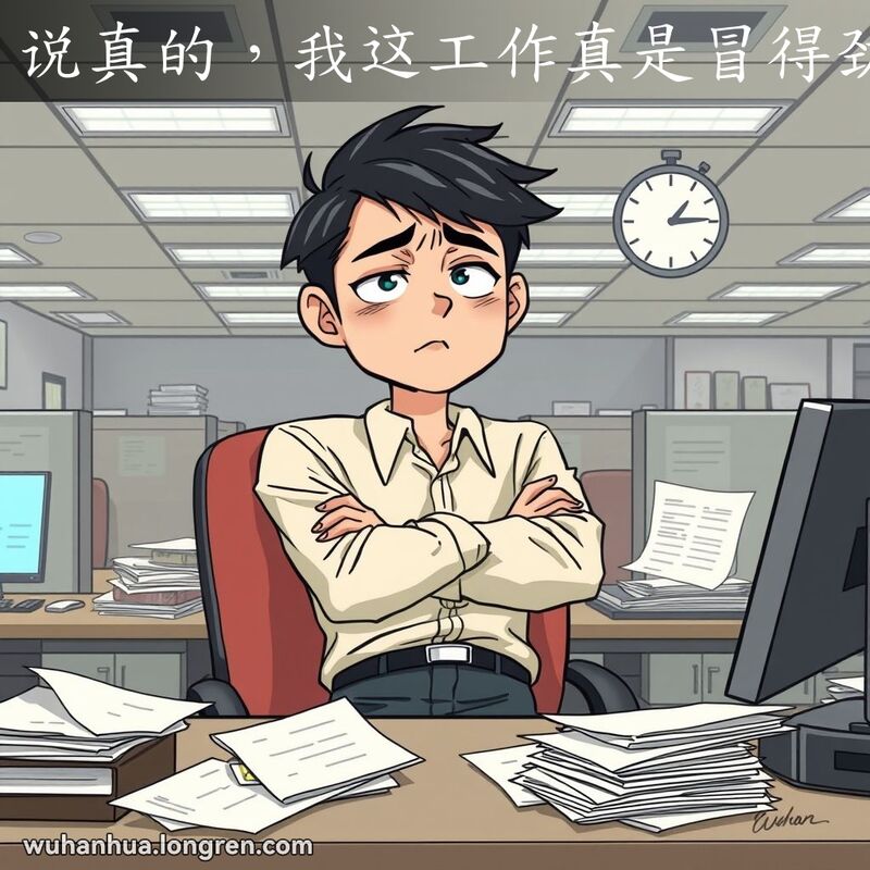 一位年轻的武汉办公室职员坐在桌前，露出疲惫和沮丧的表情，背景是沉闷的办公室环境