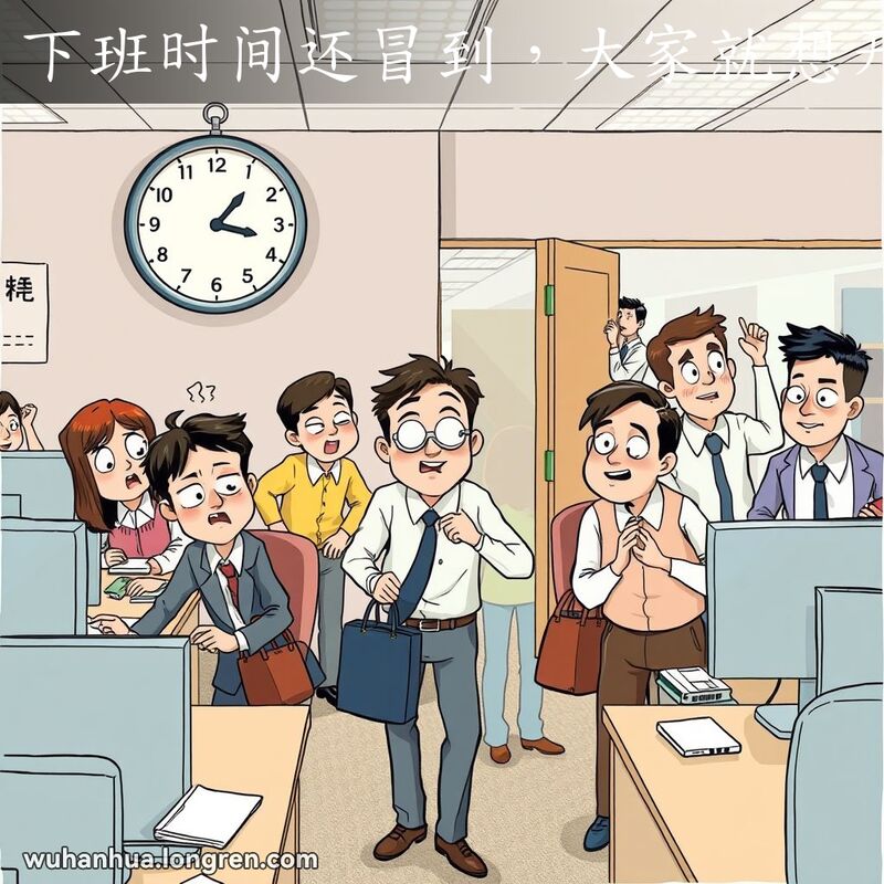 几位武汉员工在办公室里焦急地看着时钟，准备下班，有人偷偷溜出门去。