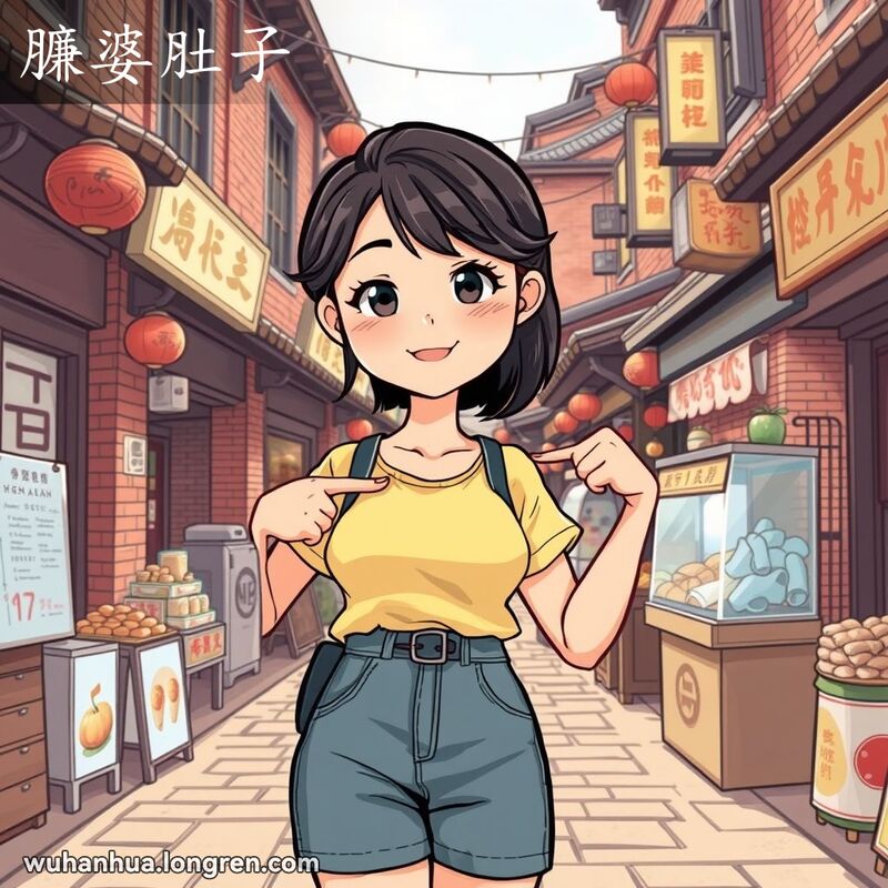 一位武汉女子在街市中指着自己的腿肚子，背景是武汉老街市景象