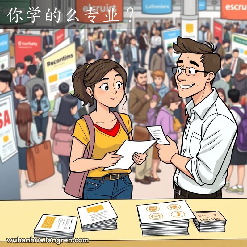 一位年轻女性在招聘会上手持简历，面对招聘人员的提问，背景是招聘会的场景