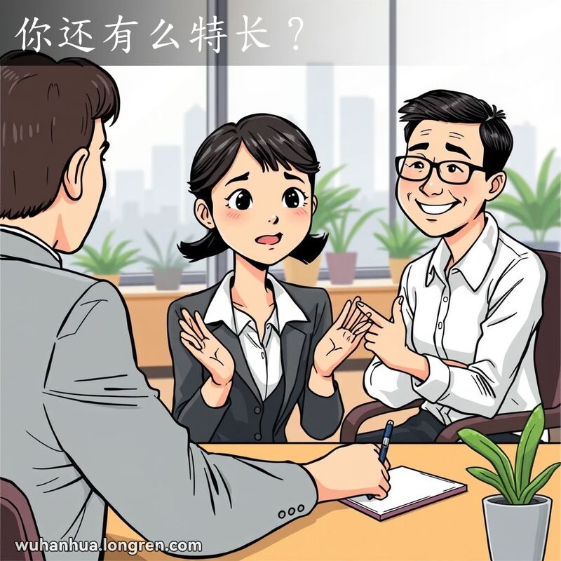 一位年轻的武汉女性在面试中，面试官微笑着询问她的特长，背景是现代办公室