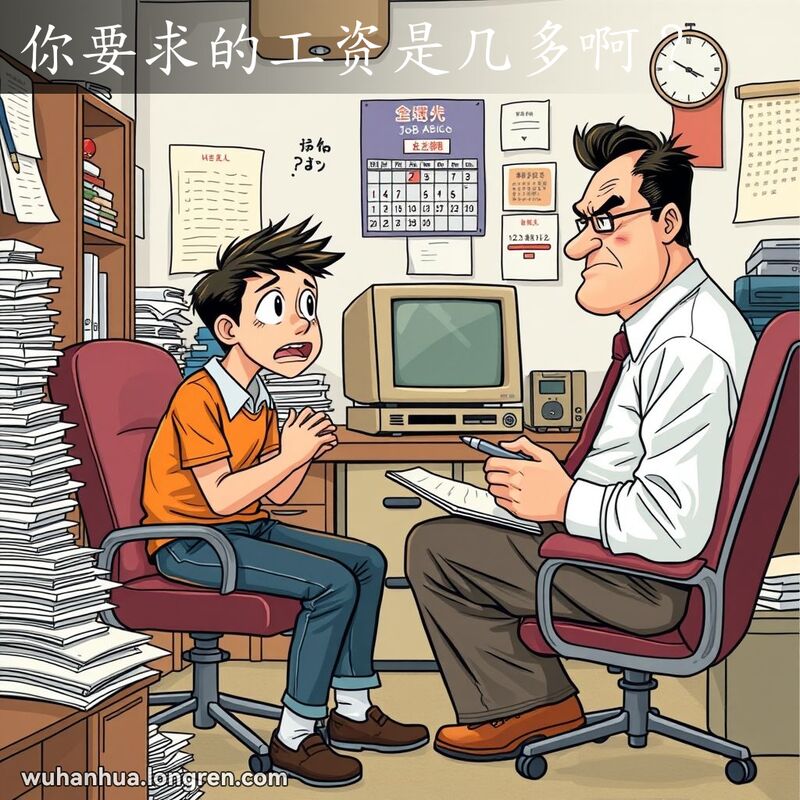 一位年轻求职者在办公室与面试官谈判薪资，背景是杂乱的办公桌和日历