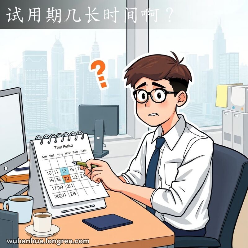一位年轻的武汉办公室职员坐在办公桌前，手持笔指着日历上的某个日期，露出困惑的表情，背景是现代办公环境