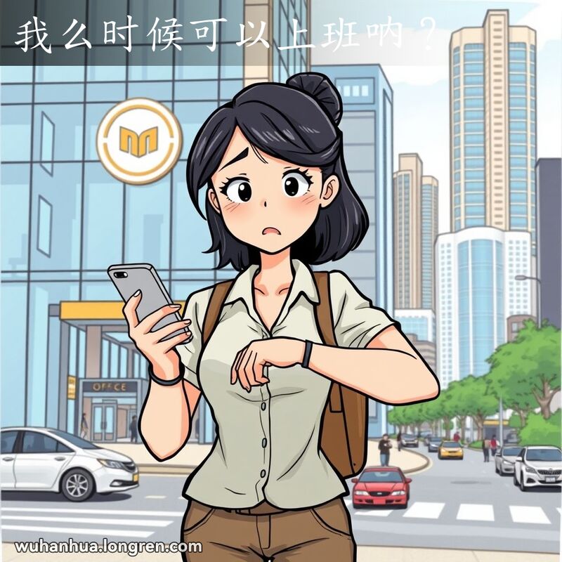 一位年轻女性站在办公楼前，手持手机和手表，神情焦急，背景是繁忙的城市街道