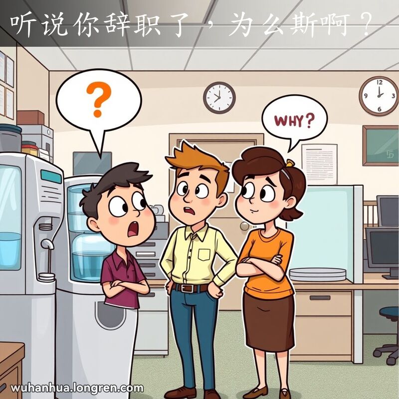 两位同事在办公室饮水机旁交谈，一位同事露出惊讶的表情，另一位同事带着好奇的神情。