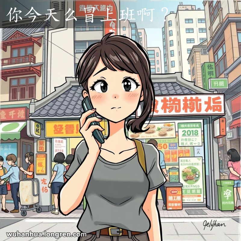 一位年轻女子站在武汉街头便利店前，手持电话，脸上带着困惑和关切的表情，背景是繁忙的街景