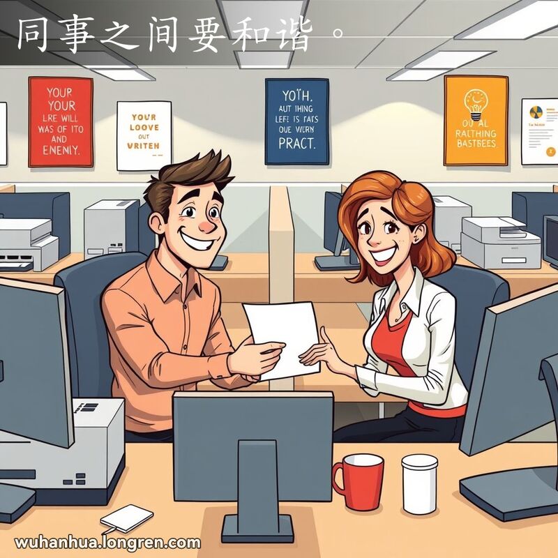 两位同事在办公室互相微笑递交文件，背景有办公用品，氛围友好。