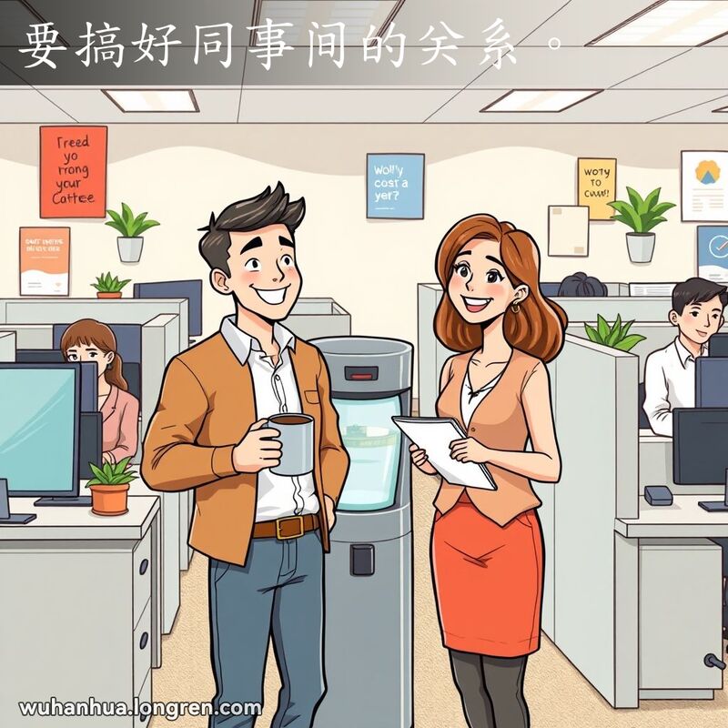 两位同事在办公室水冷器旁边友好交谈，背景是其他同事在工作