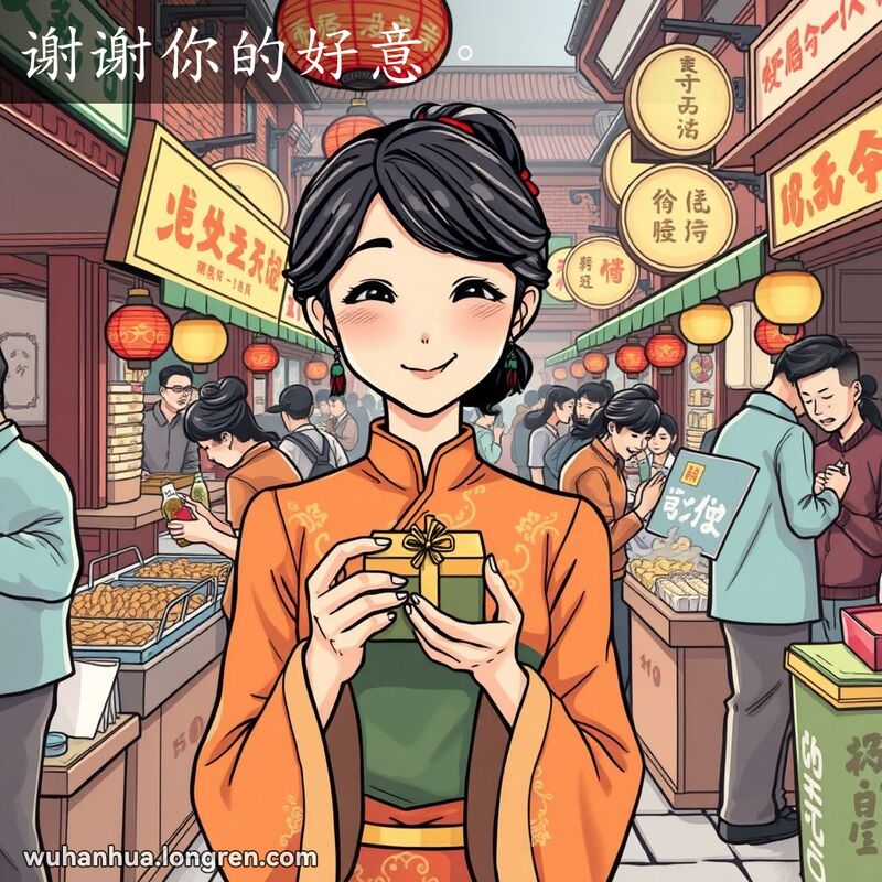 一位年轻女子在武汉市场中手持礼盒，微笑鞠躬表达感激，背景是热闹的市场和摊贩。