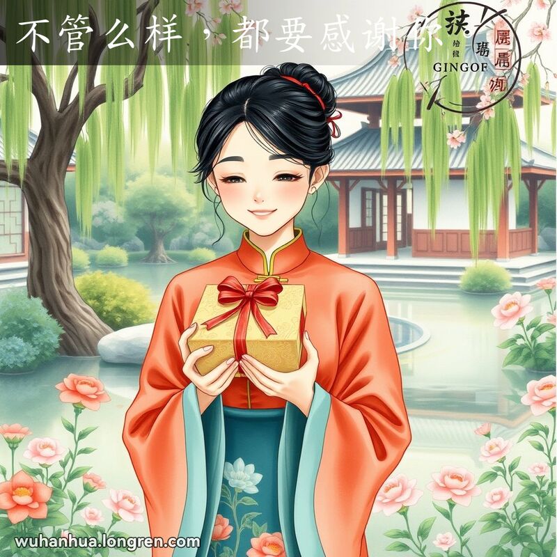 一位年轻女子在花园中手捧礼盒，脸上带着感激的微笑，背景是中国传统的亭台楼阁和垂柳
