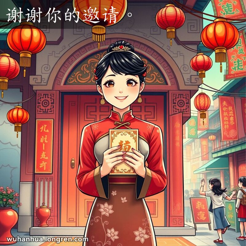 一位身穿传统服饰的年轻女子站在装饰精美的门前，手持邀请函，面带感激的微笑，背景是节日氛围。