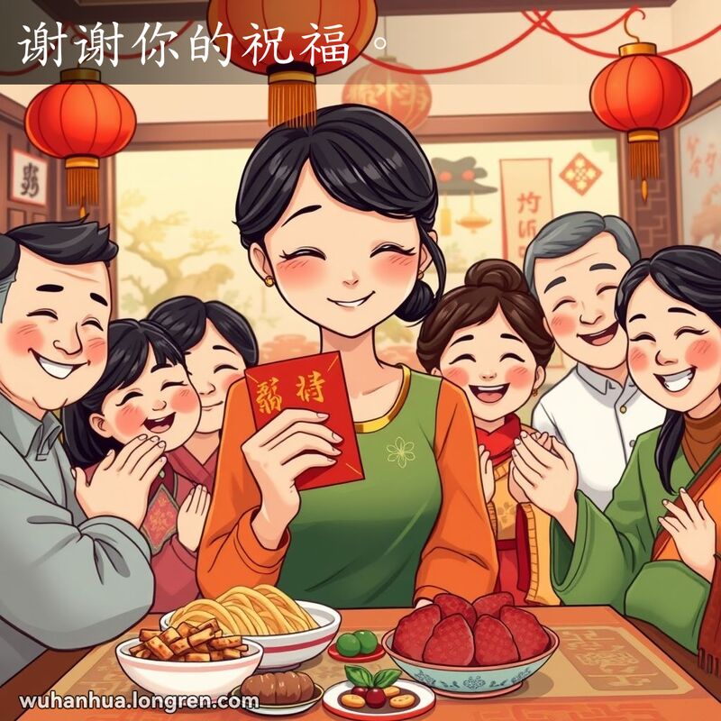 一位年轻女子在家庭聚会中手持红包，微笑表达感激之情，背景是传统武汉家庭环境和节日装饰