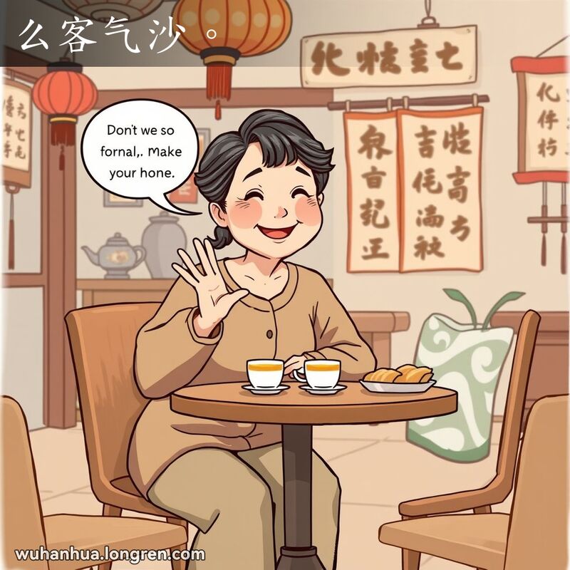 一位中年妇女在武汉茶馆里，面带微笑，手势友好，表现出“么客气沙”的欢迎氛围，背景是传统中国装饰。