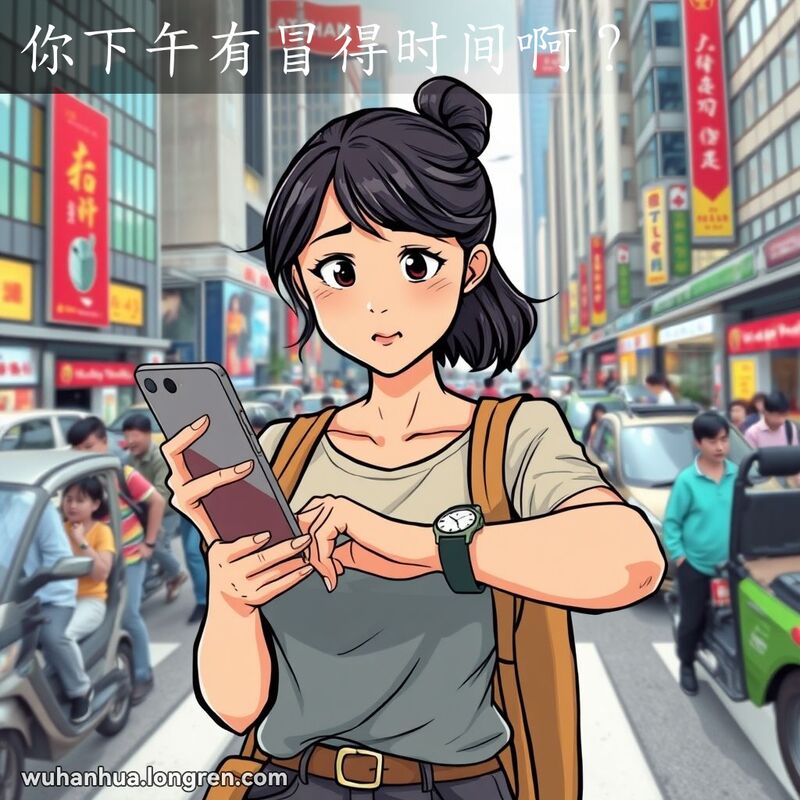 一位年轻的武汉女性站在繁忙的城市街道上，手持智能手机，低头看着手表，脸上带着些许焦急的表情，背景是高楼大厦、车水马龙和行色匆匆的路人