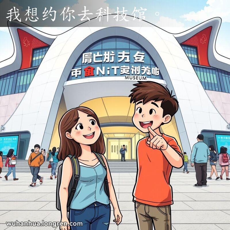 一对年轻情侣站在武汉科技馆前，男生指着科技馆入口，女生微笑着期待地看着男生