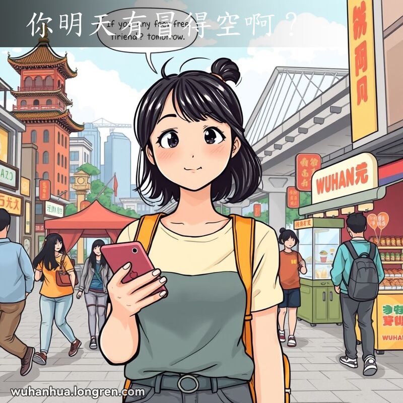 一位年轻女子在武汉街头手持智能手机，脸上带着好奇和期待的表情，背景是黄鹤楼和长江大桥。