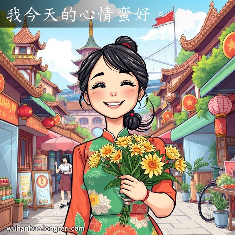 一位年轻的武汉女子在繁华的街道上漫步，脸上带着灿烂的笑容，手捧一束新鲜的花朵，背景是武汉的标志性建筑。