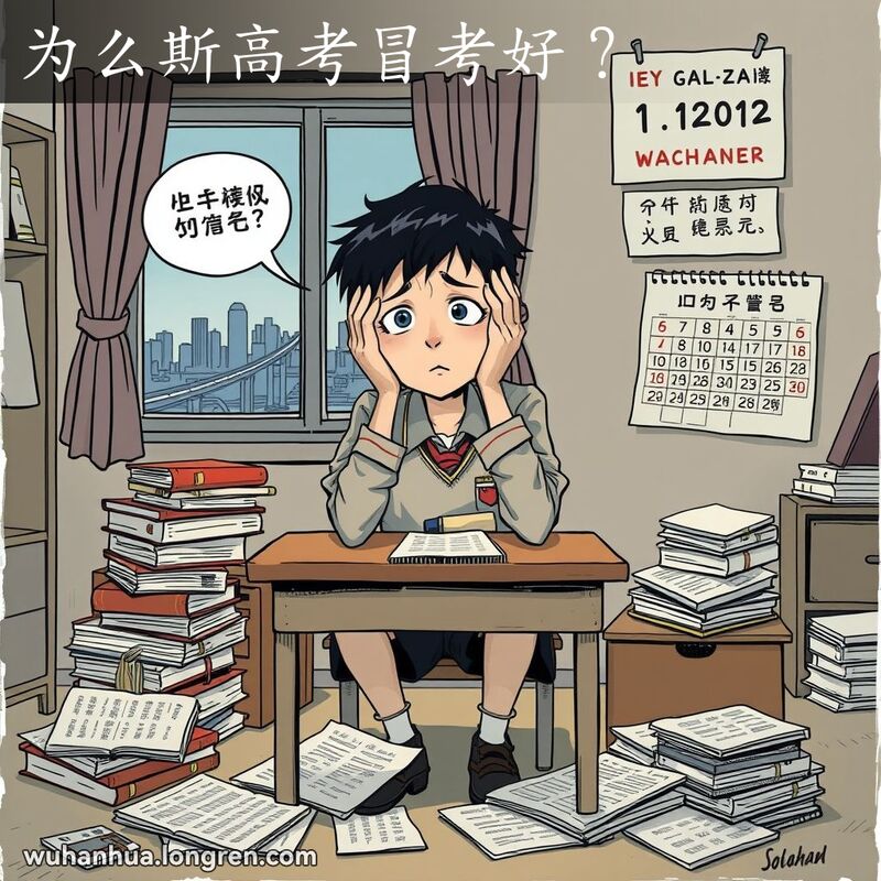 一位武汉高中生坐在书桌前，头埋在手中，神情困惑和痛苦，背景是昏暗的房间和散落的教科书。