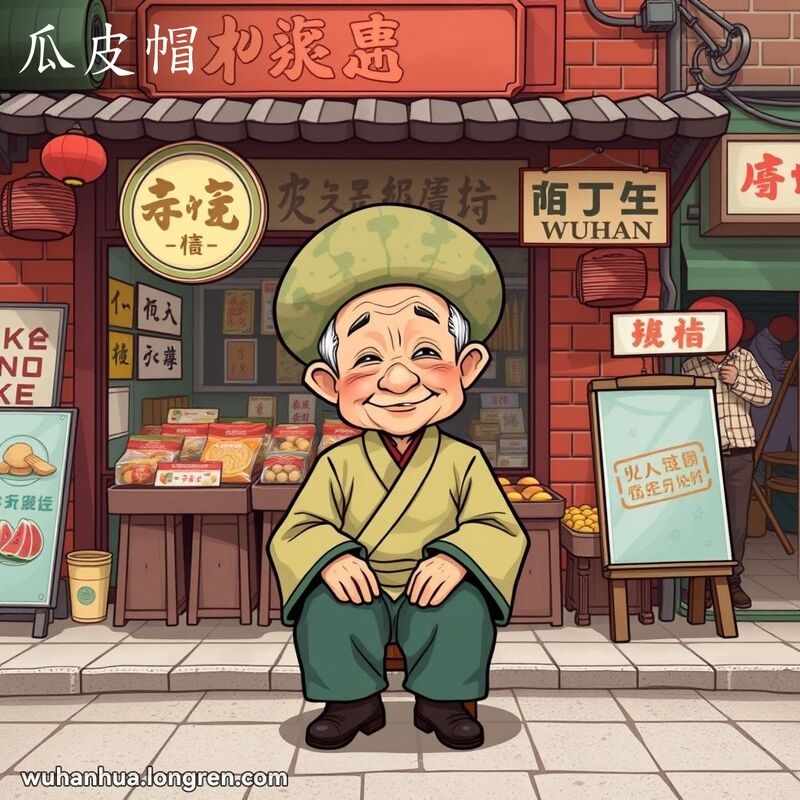 一位武汉老人戴着形似半个西瓜皮的旧式便帽，坐在老式店铺前的小木凳上，背景是繁忙的武汉街景。