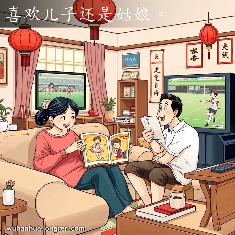一对中年夫妇在客厅里，妻子看相册，丈夫看足球比赛，展示对儿子和女儿的喜爱