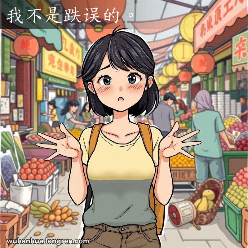 一位年轻的武汉女子在市场中，面带歉意的表情，试图解释她无意中造成的小意外，背景是繁忙的市场摊位和五彩缤纷的商品