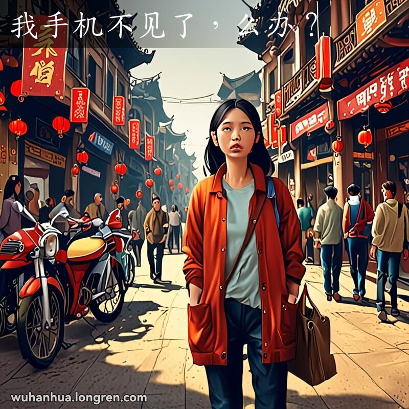 一位年轻的武汉女子站在街头，神情焦急，四处寻找丢失的手机，背景是忙碌的街头小贩和行人