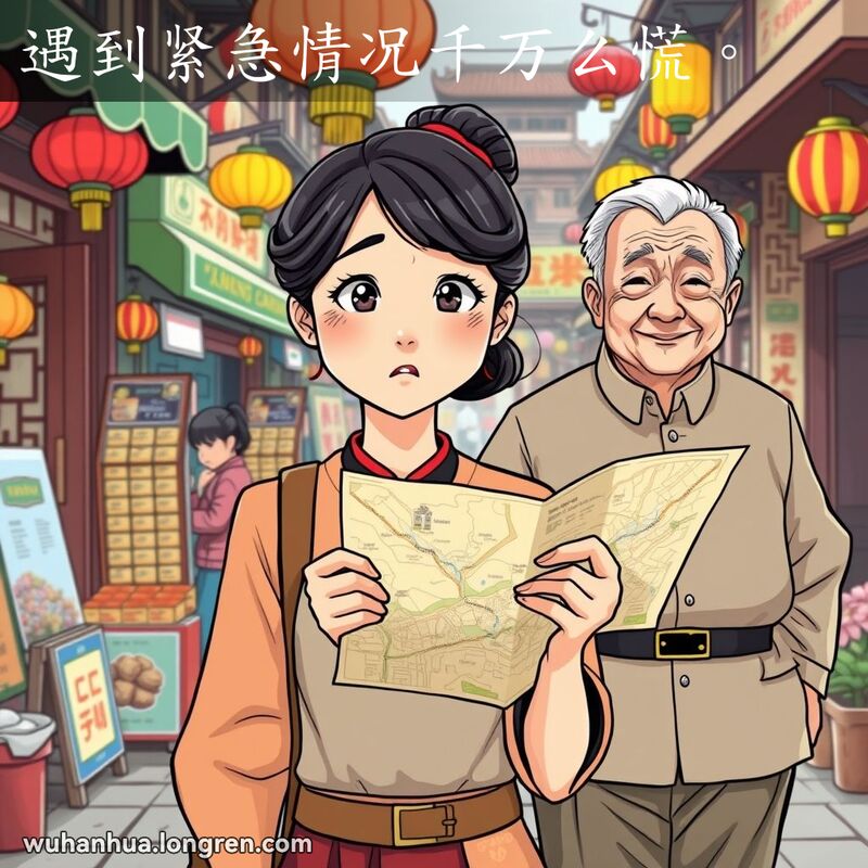一位年轻女子在武汉街市中迷路，手持地图，神情焦虑，一位老人准备上前帮助。