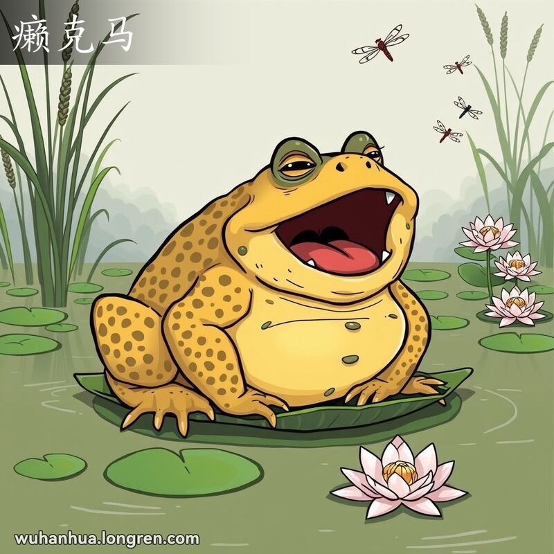 一只大蟾蜍坐在荷叶上打哈欠，背景是池塘和芦苇，画面风格为漫画风，色彩鲜艳。