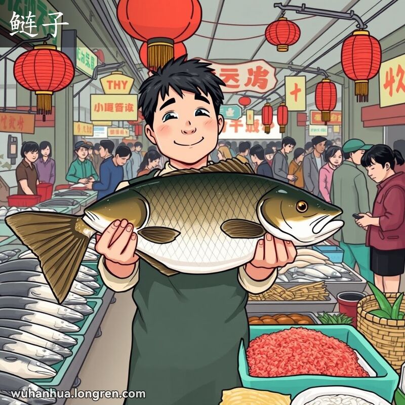 武汉鱼市场上，摊主展示大鲢鱼（鲢子），背景有其他鱼摊和熙熙攘攘的人群。