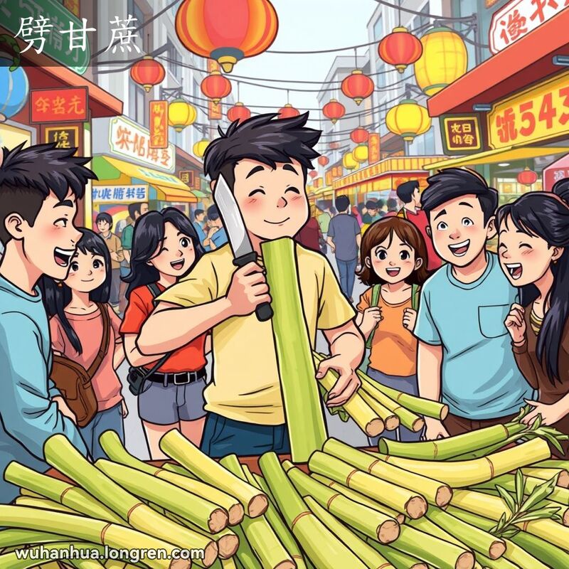 一群朋友在武汉街头市场玩“劈甘蔗”游戏，主角用刀准备劈开甘蔗，周围的人在欢笑和加油。