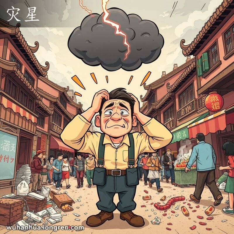 一位武汉市民在街头表情沮丧，头顶乌云和闪电，周围混乱，象征“灾星”带来的厄运