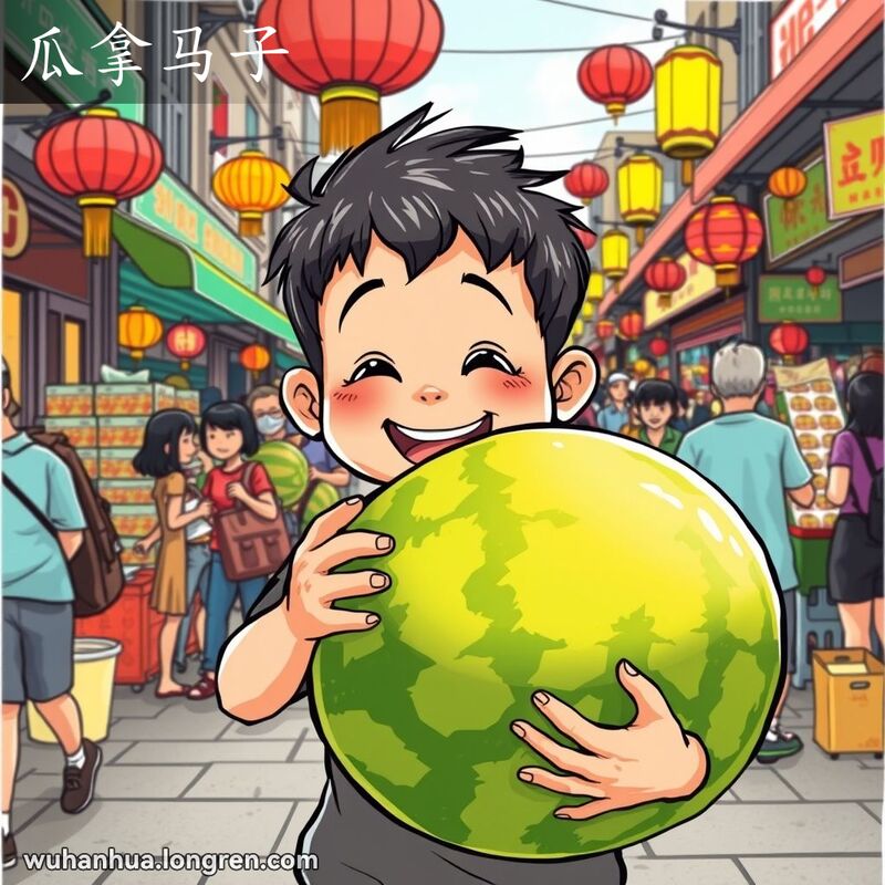 一个小男孩在武汉街头市场捧着大西瓜，背景是热闹的市场和传统灯笼
