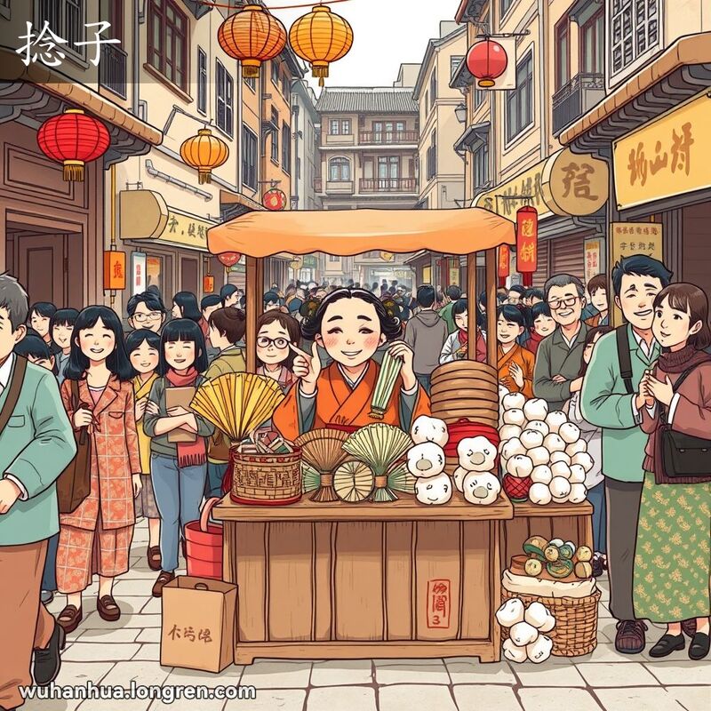 一位中年妇女在武汉街市小摊前手持纸捻子，背景是热闹的街市和传统物品。