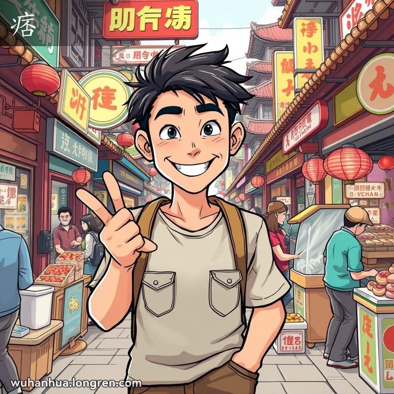 一位年轻男子在武汉街头市场中，嬉皮笑脸地站着，背景是繁忙的街景和地方小吃摊。