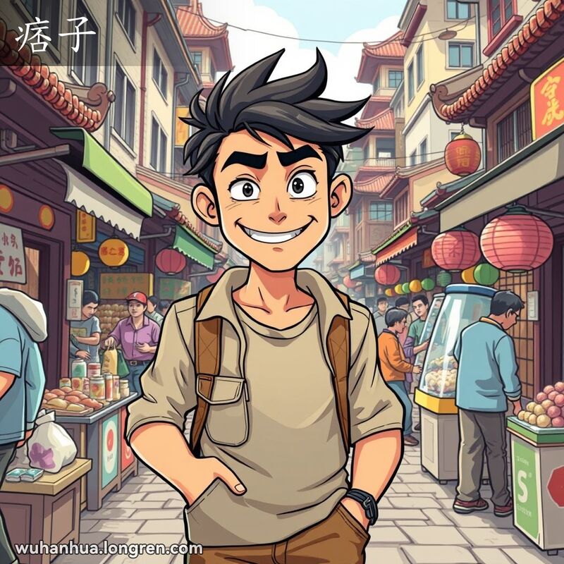 一位年轻的武汉男子站在街头市场中，脸上带着狡黠的笑容，一只手插在口袋里，另一只手比划着什么，背景是繁忙的武汉街头市场。