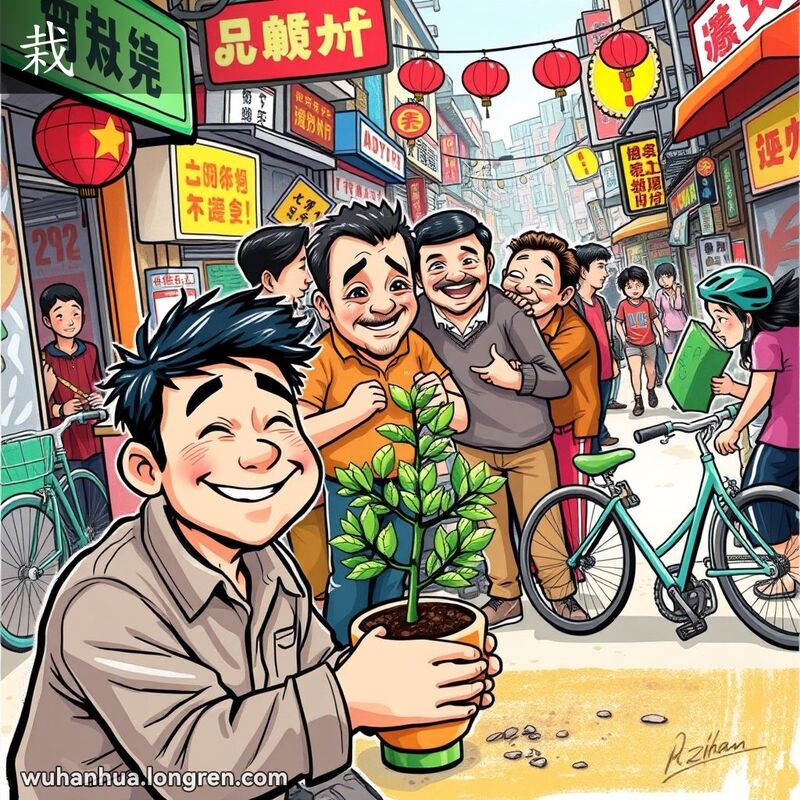 武汉街头市场，男子种植小树，背景中人们强迫顾客购物，远处有人从自行车上摔下
