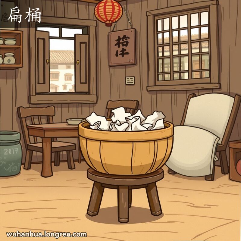 传统武汉家庭场景，椭圆形木桶放在小木凳上，桶内装满纸屑，背景有木质家具和老街景
